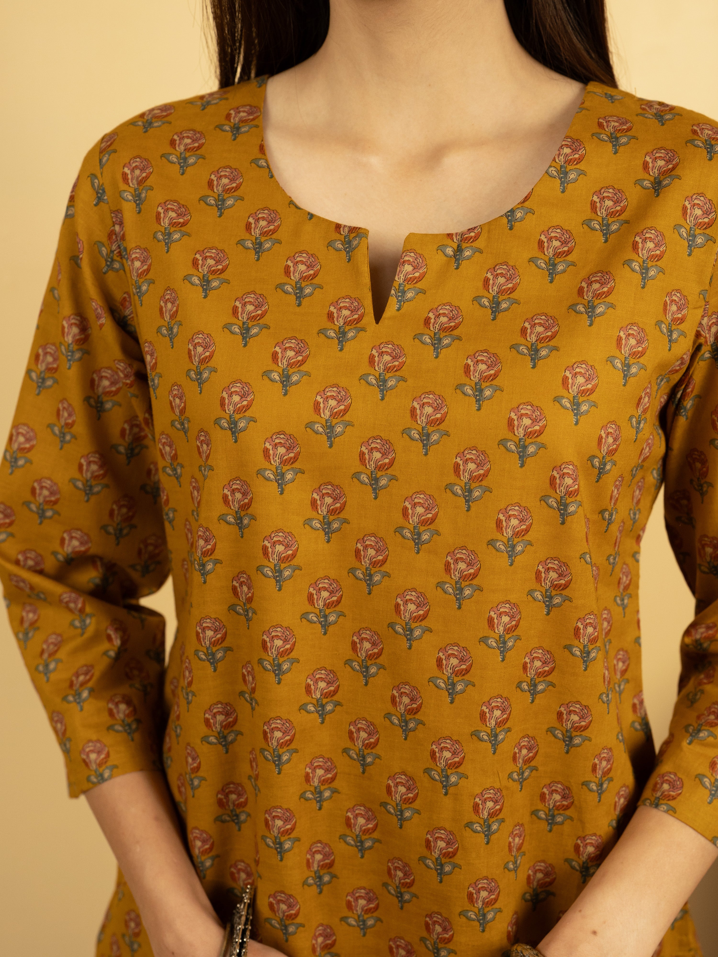 Mustard Colour Cotton Round With V Neck Block Print Kurta For Women's