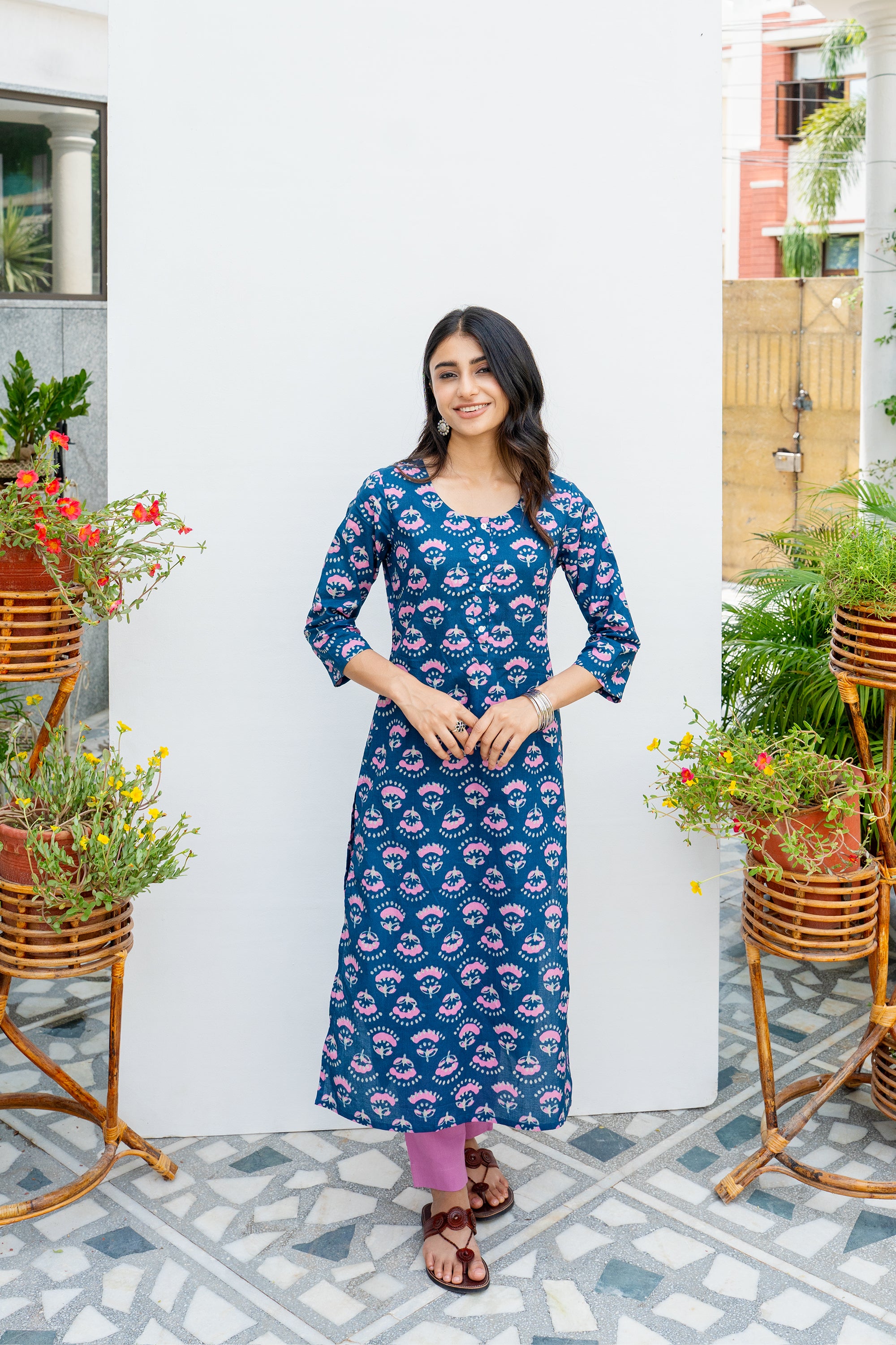 Blue Printed Cotton Kurta For Women's