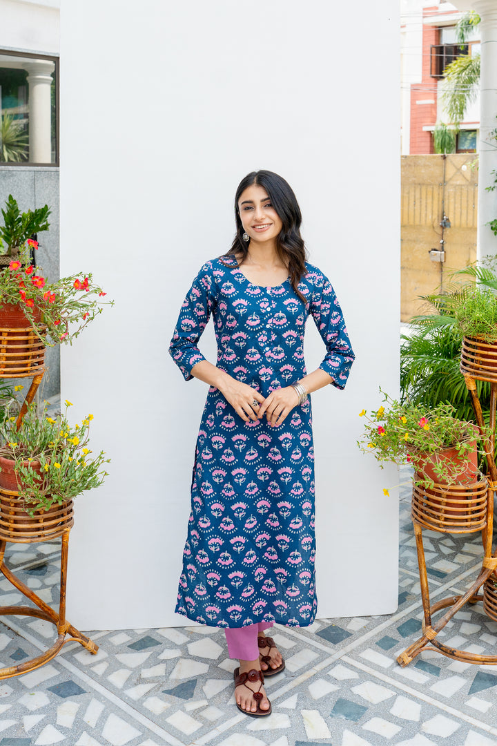 Blue Printed Cotton Kurta For Women's