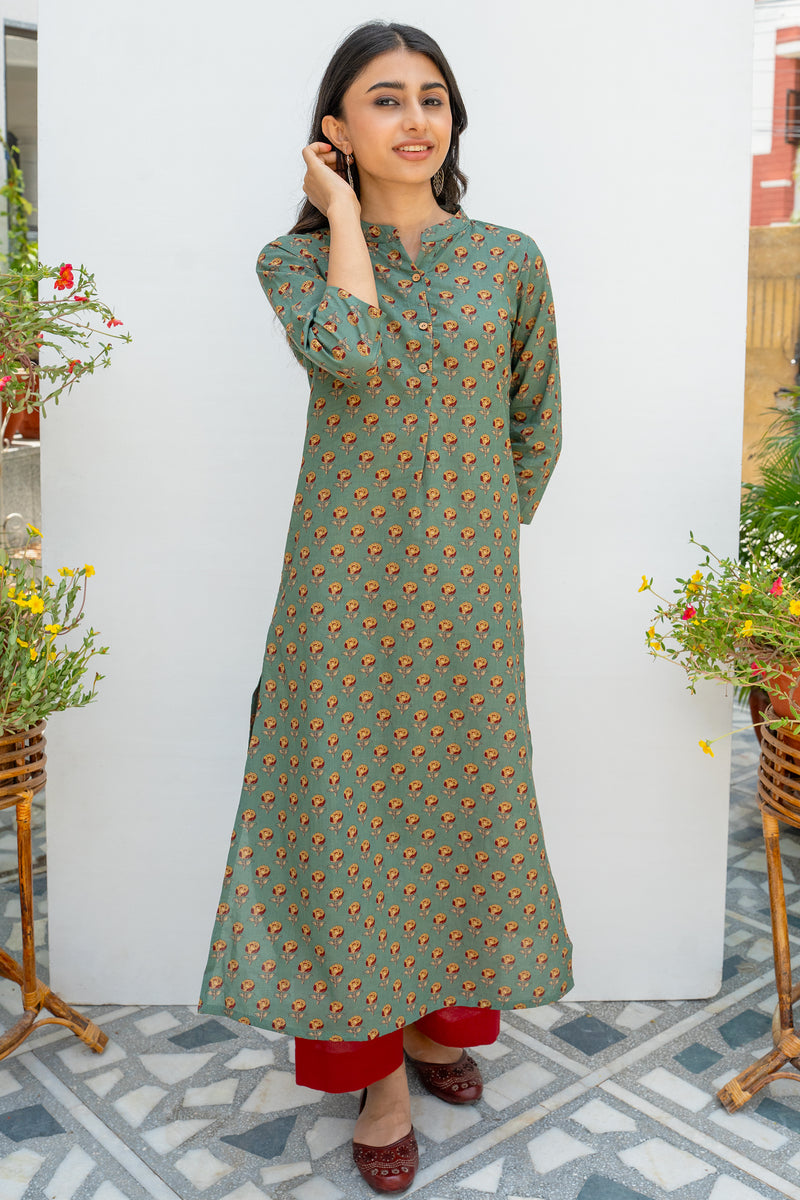 Green Printed Cotton Kurta For Women's