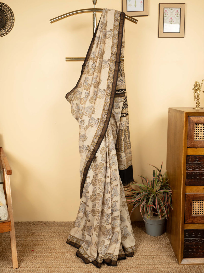 Beige Chanderi Block Printed Saree