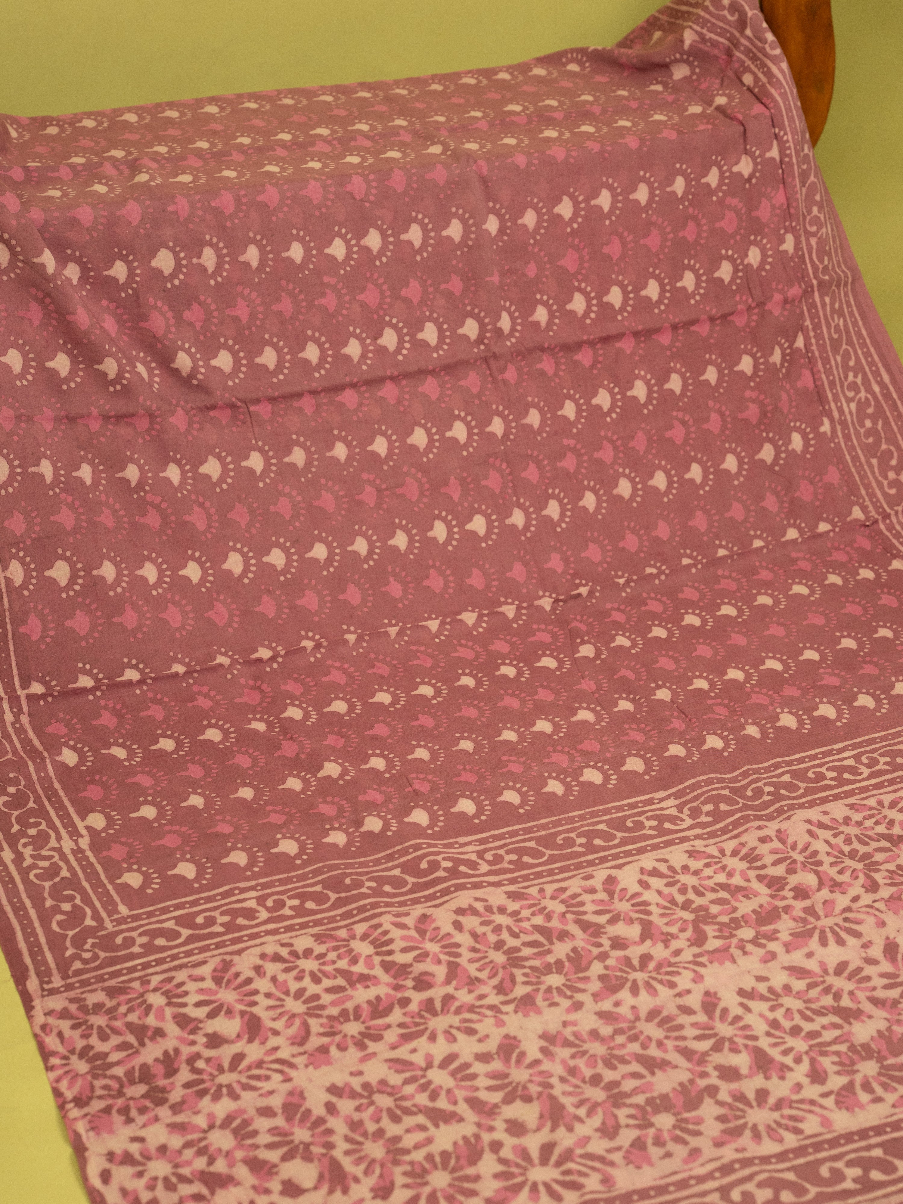 Coral Pink Cotton Block Printed Saree