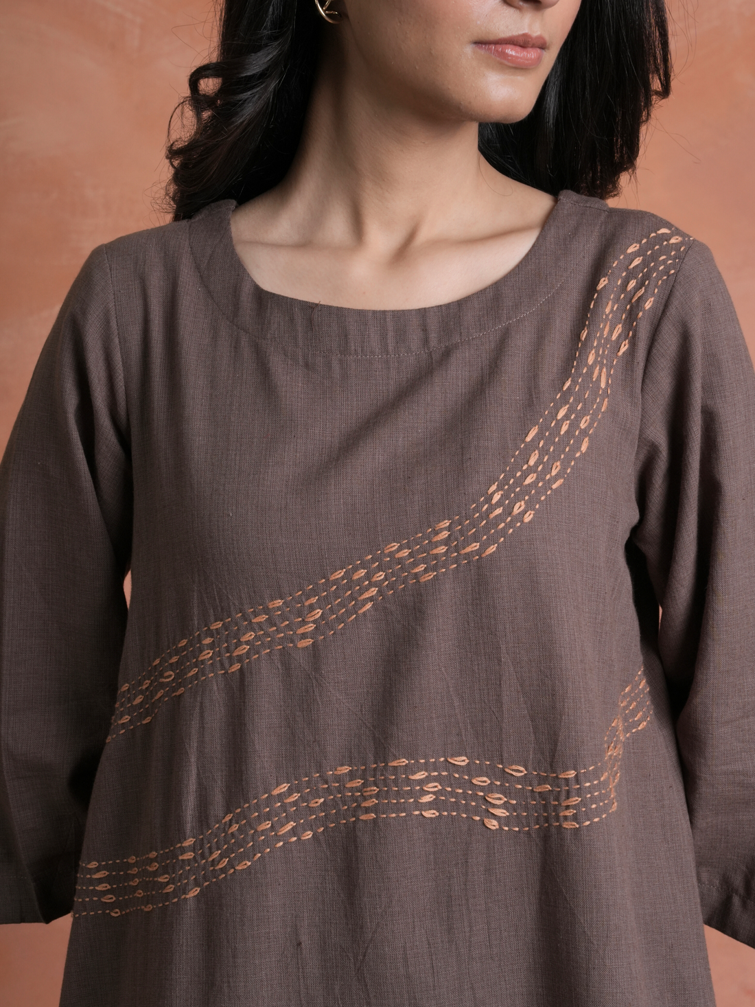 Brown Cotton Handloom Round Neck Kurta Pant Set For Women's