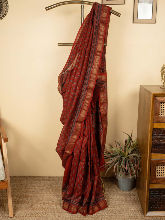 Red Chanderi Block Printed Saree