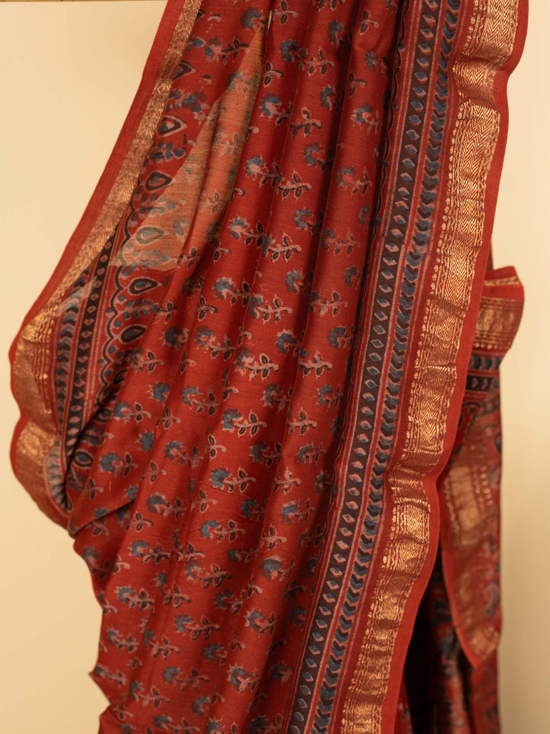 Red Chanderi Block Printed Saree