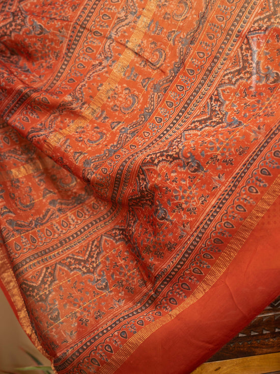 Red Chanderi Block Printed Saree