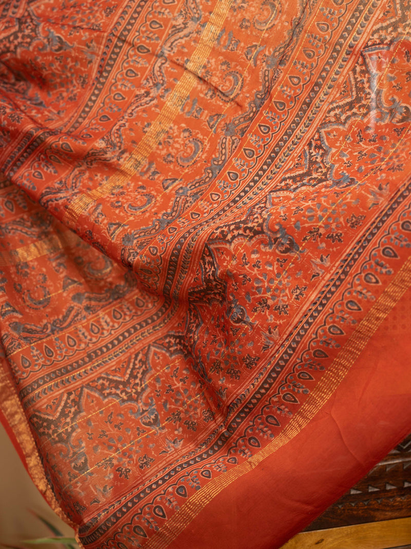 Red Chanderi Block Printed Saree