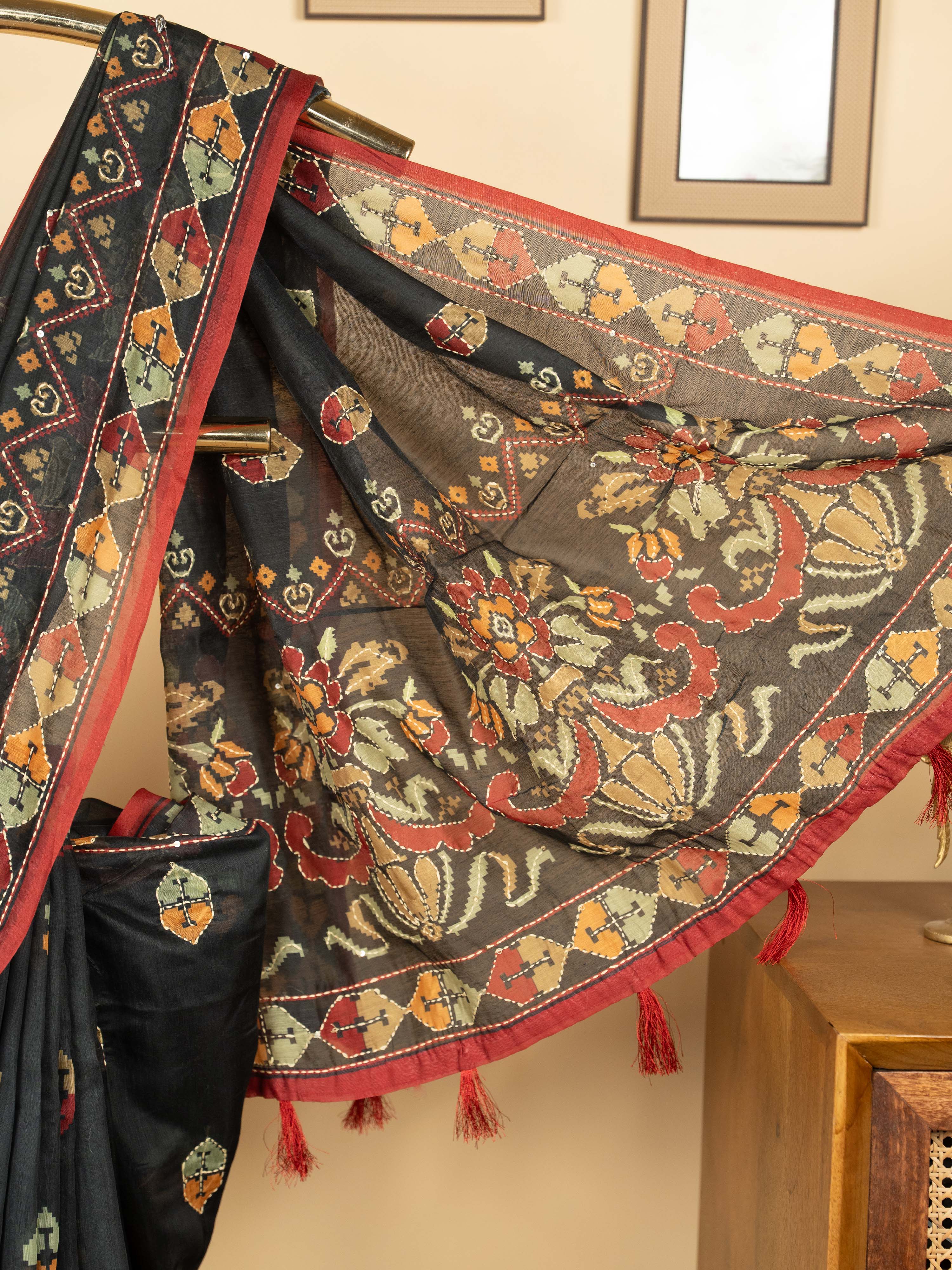 Black Chanderi Hand Kantha Saree