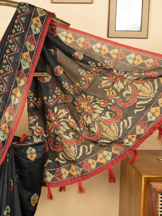 Black Chanderi Hand Kantha Saree