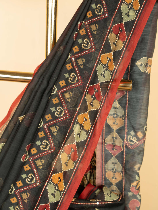 Black Chanderi Hand Kantha Saree
