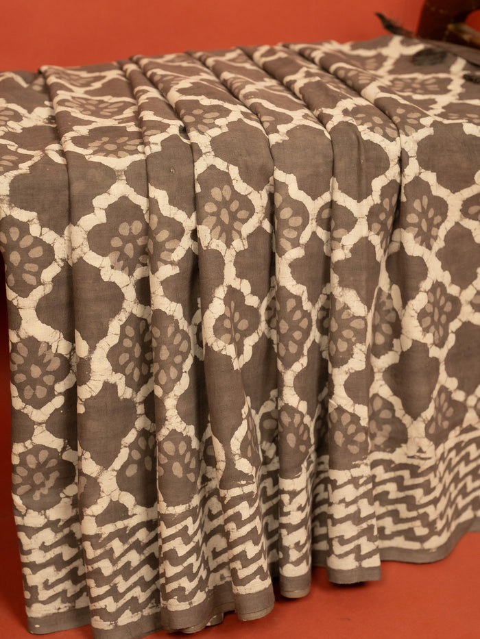 Gray Cotton Block Printed Saree