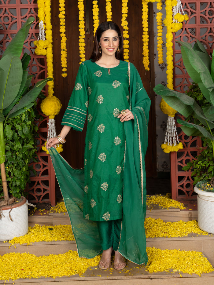Green Chanderi Round Complete Suit Set For Women's