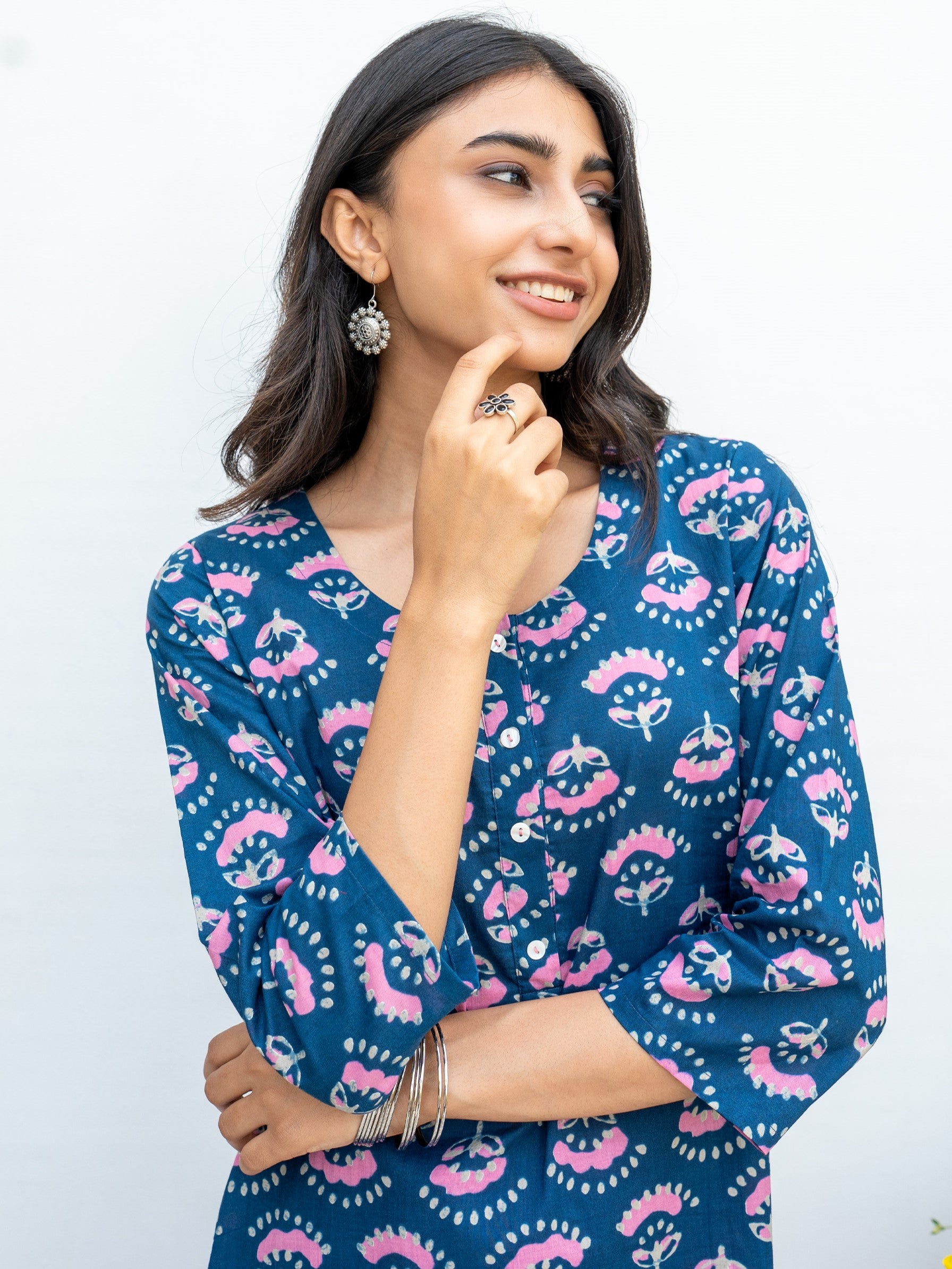 Blue Printed Cotton Kurta For Women's