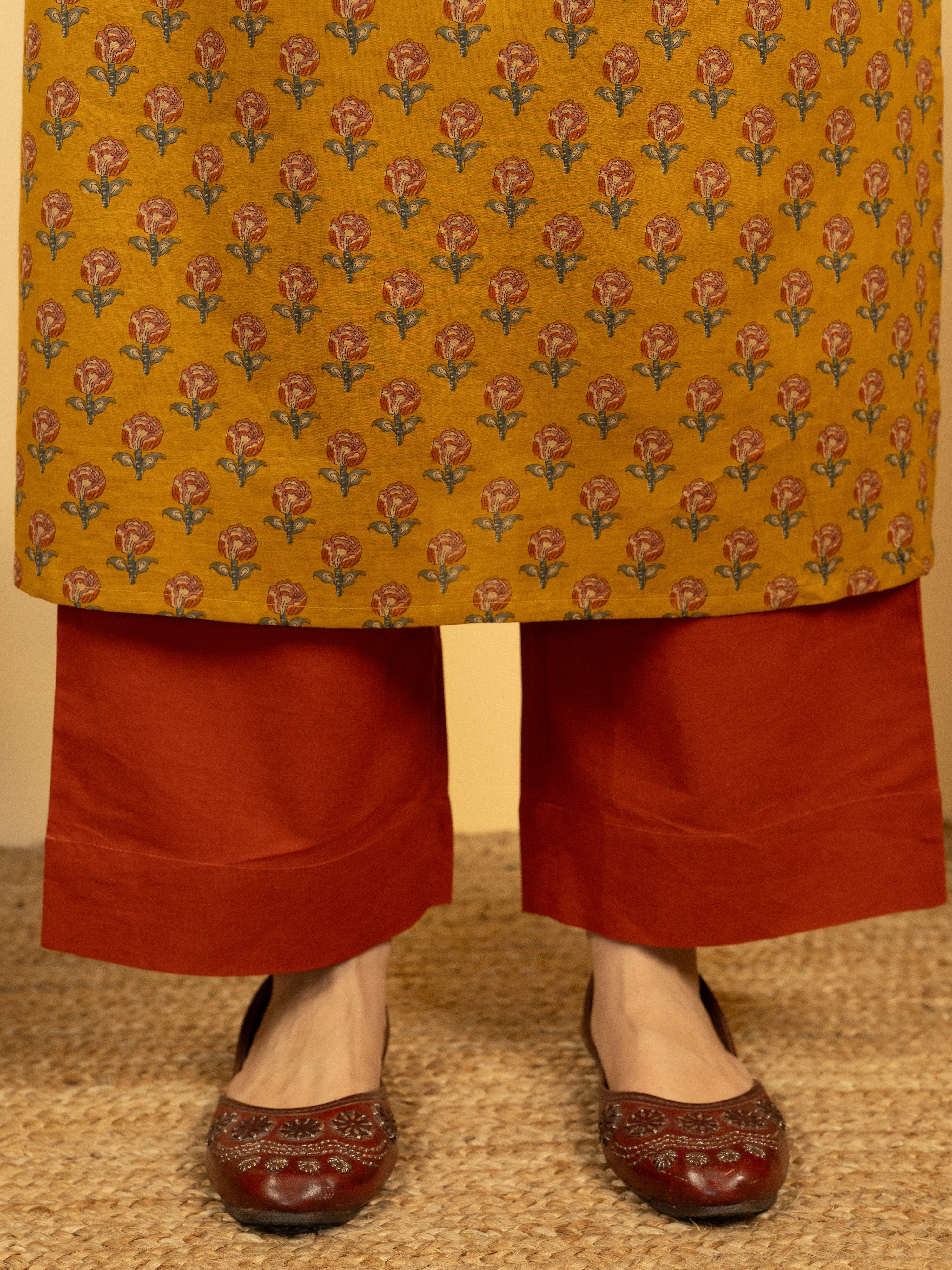 Mustard Colour Cotton Round With V Neck Block Print Kurta For Women's