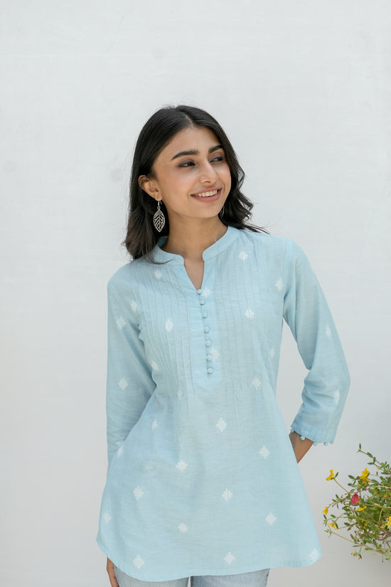 Skyblue Handloom Cotton Short Kurti For Women's