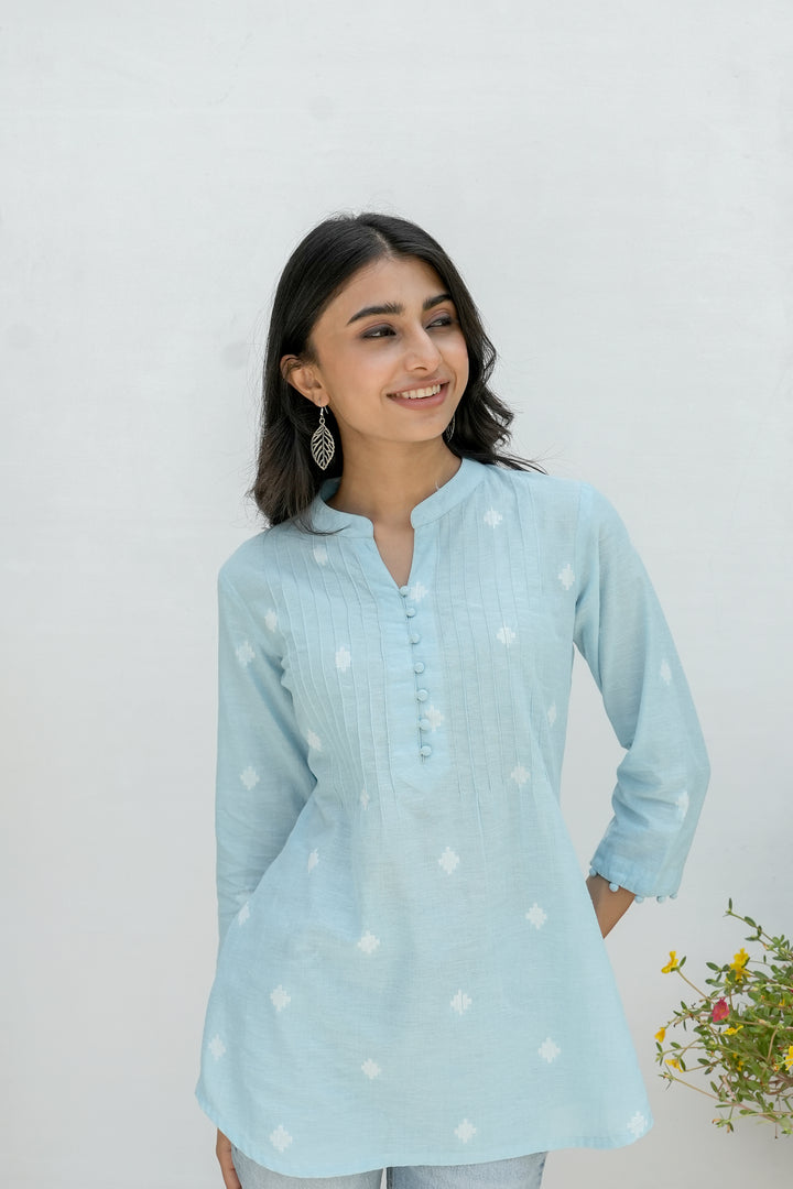 Skyblue Handloom Cotton Short Kurti For Women's