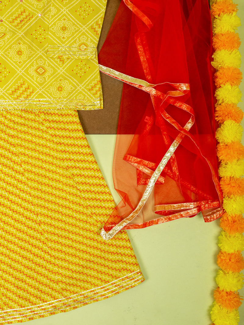 Yellow Cotton Printed 3 Pcs Sharara Set For Girls