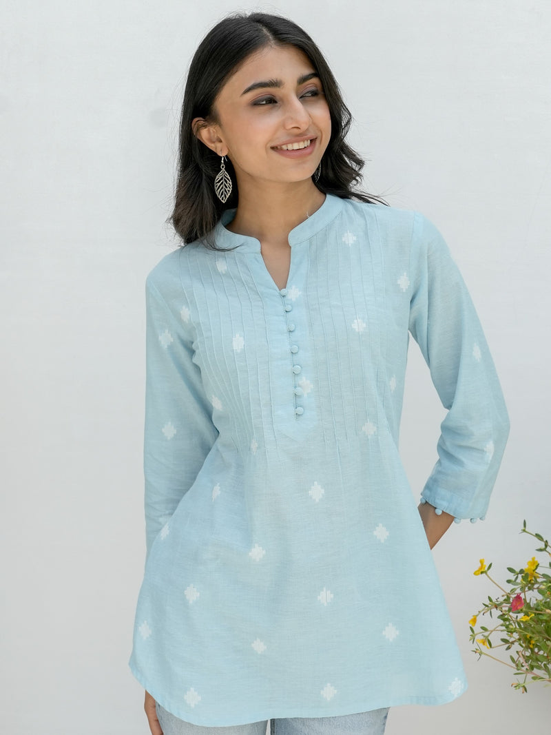 Skyblue Handloom Cotton Short Kurti For Women's