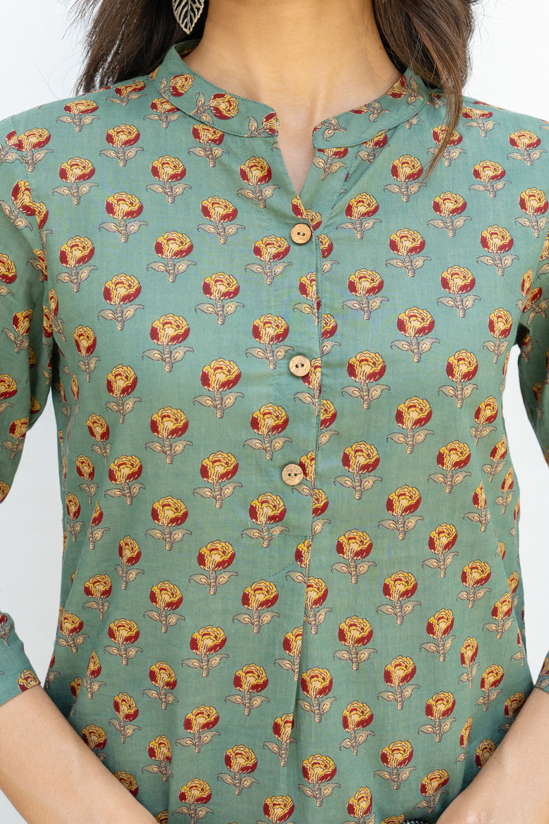 Green Printed Cotton Kurta For Women's