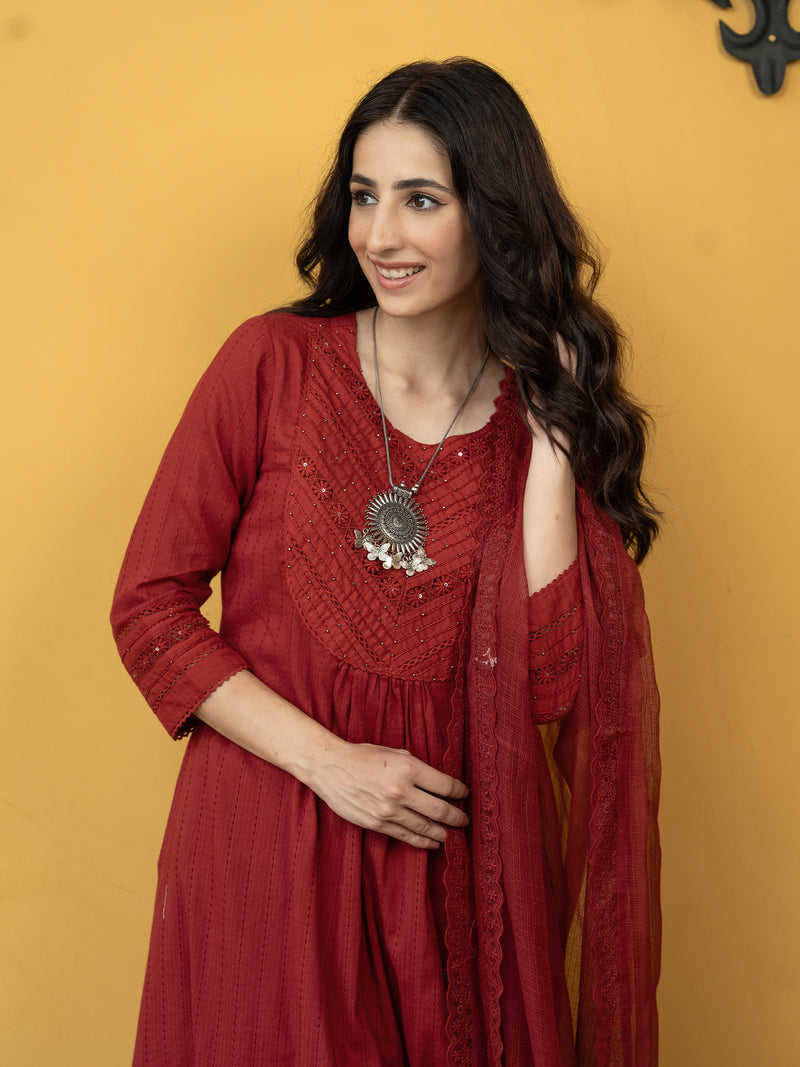 Maroon Cotton Dobby Complete Suit Set For Women's