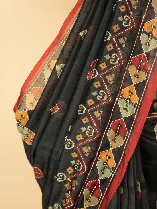 Black Chanderi Hand Kantha Saree