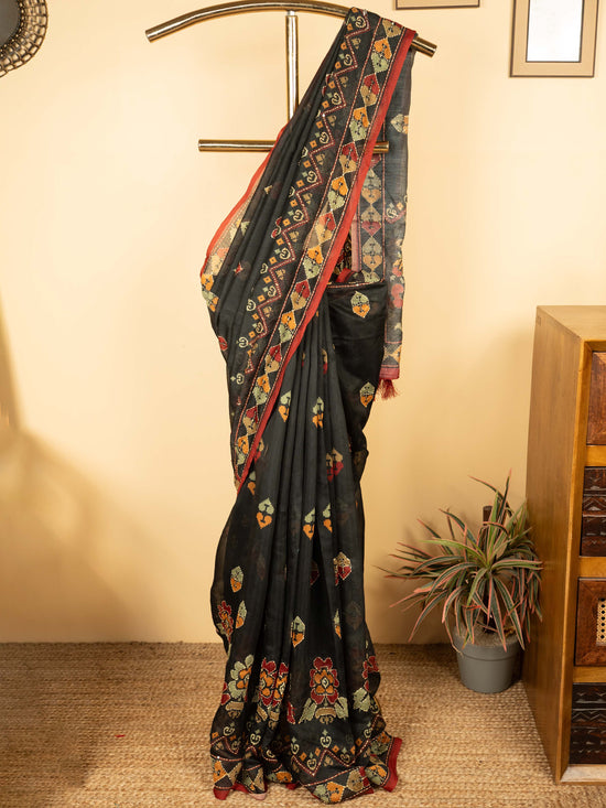 Black Chanderi Hand Kantha Saree