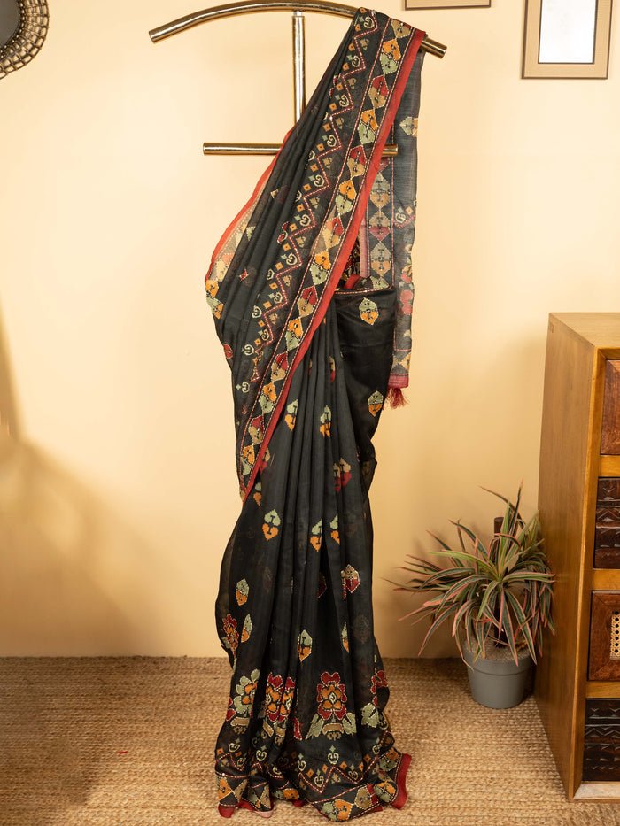 Black Chanderi Hand Kantha Saree