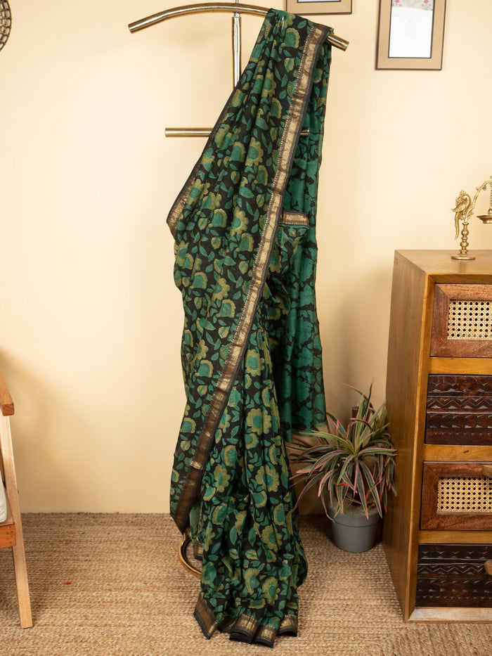 Green Chanderi Block Printed Saree