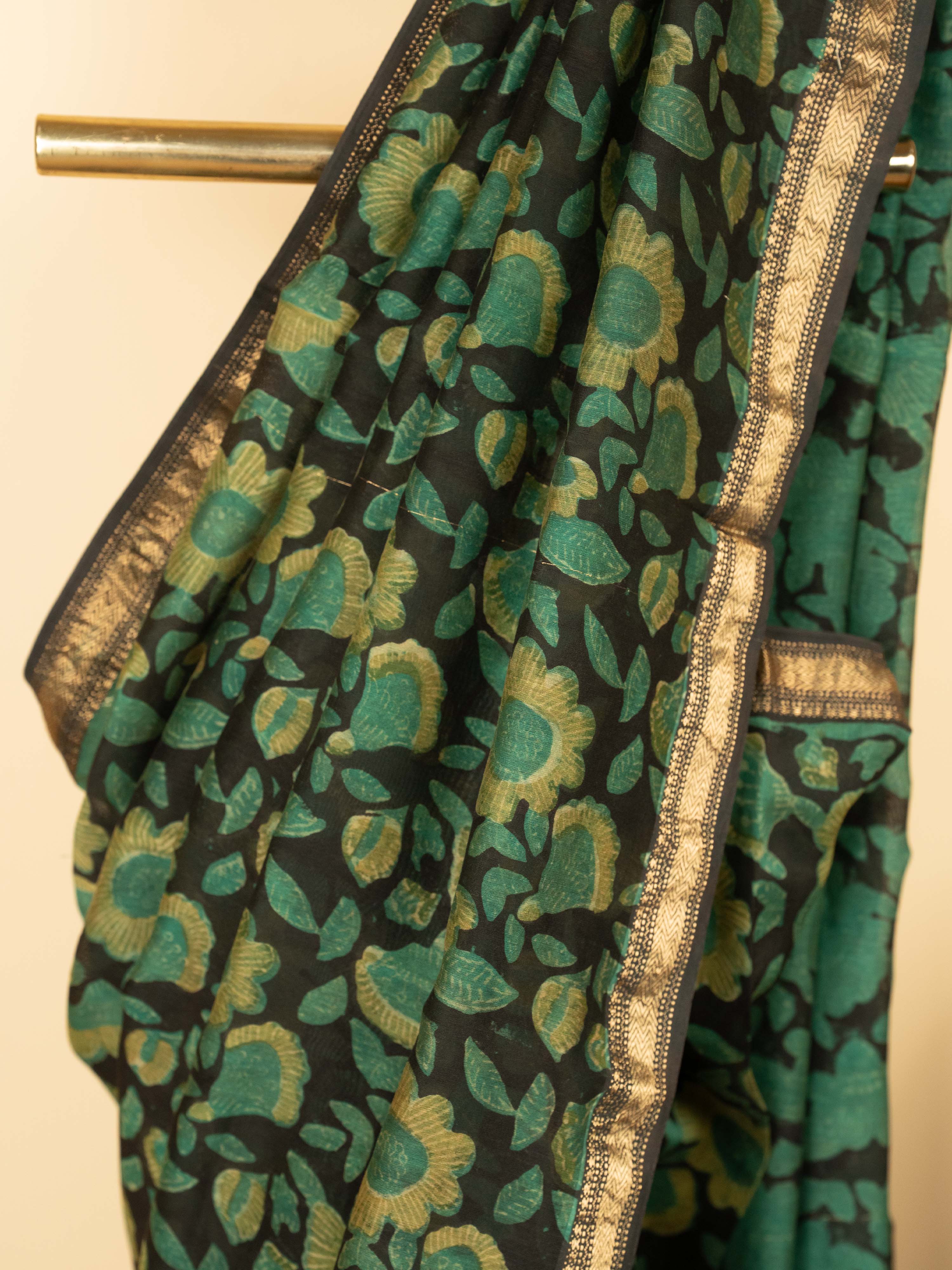 Green Chanderi Block Printed Saree
