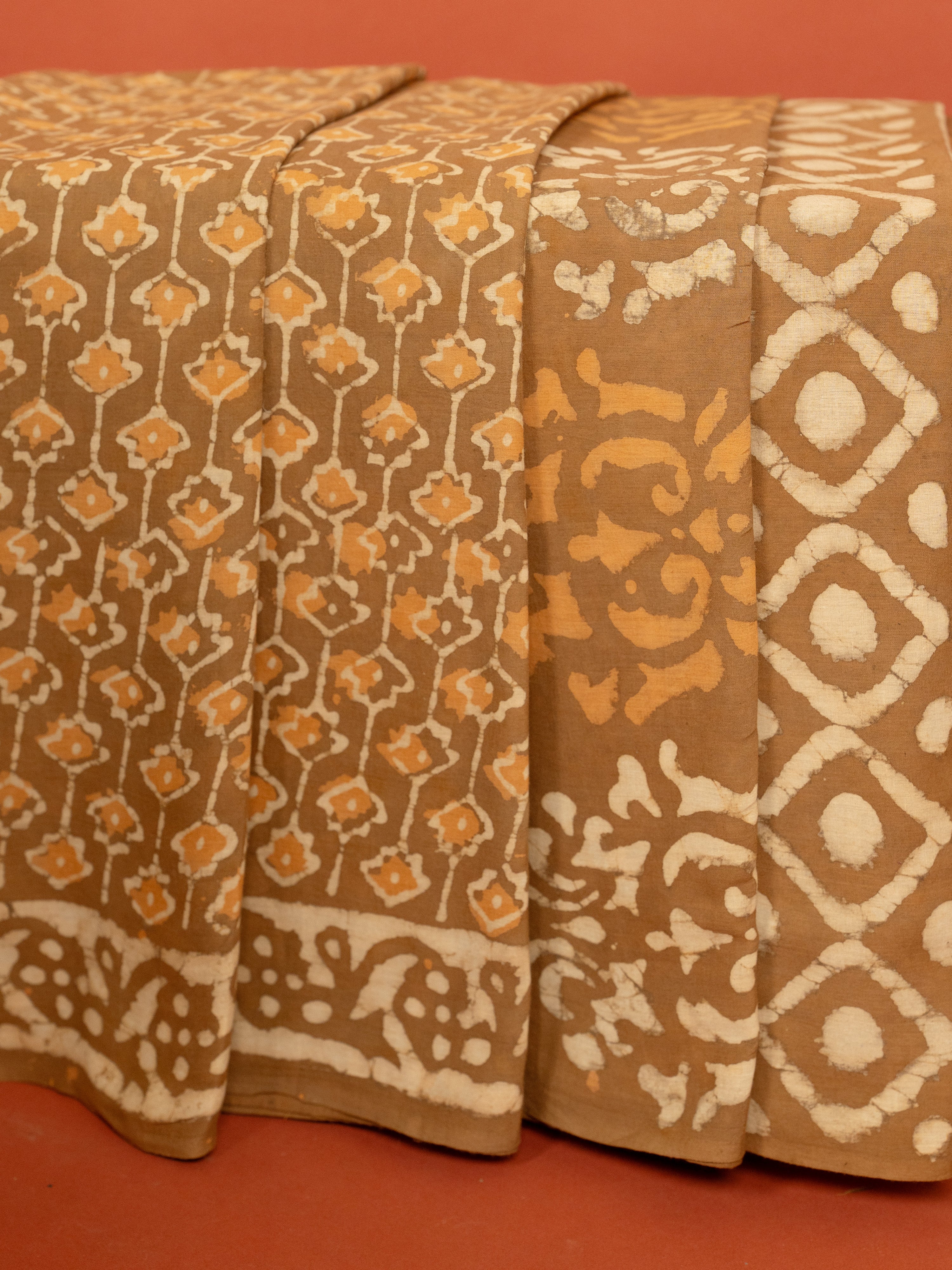 Beige Cotton Block Printed Saree