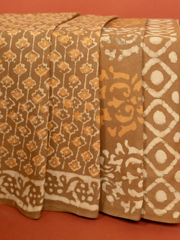 Beige Cotton Block Printed Saree