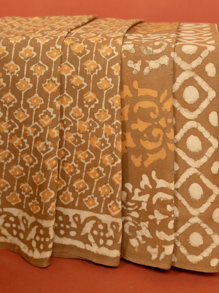 Beige Cotton Block Printed Saree