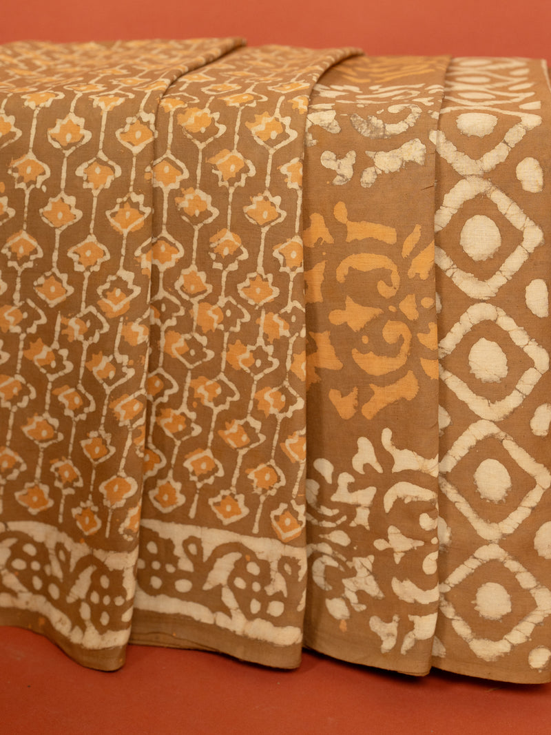 Beige Cotton Block Printed Saree