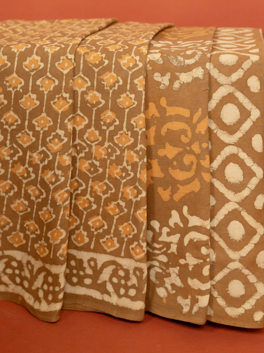 Beige Cotton Block Printed Saree