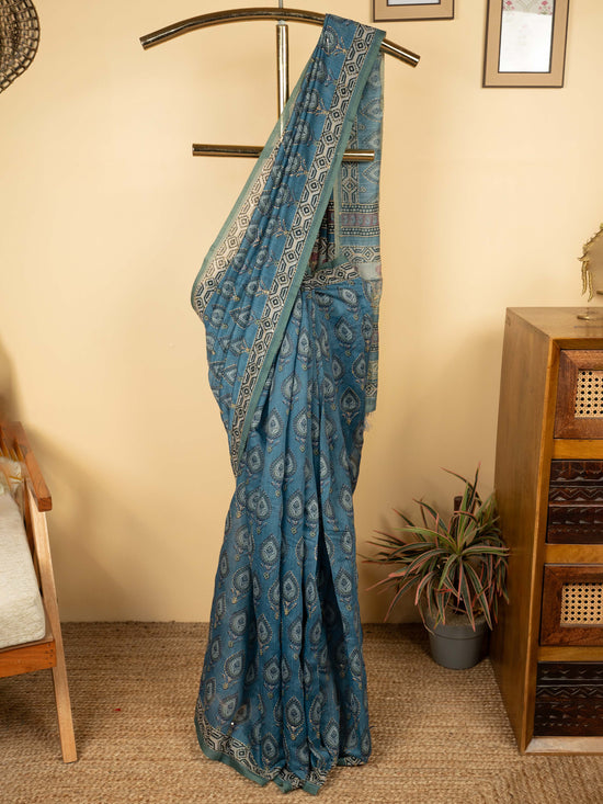 Blue Chanderi Block Print Hand Kantha Saree