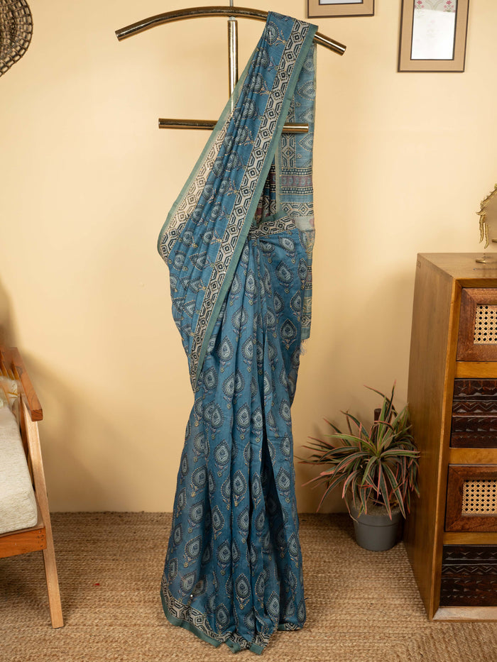 Blue Chanderi Block Print Hand Kantha Saree