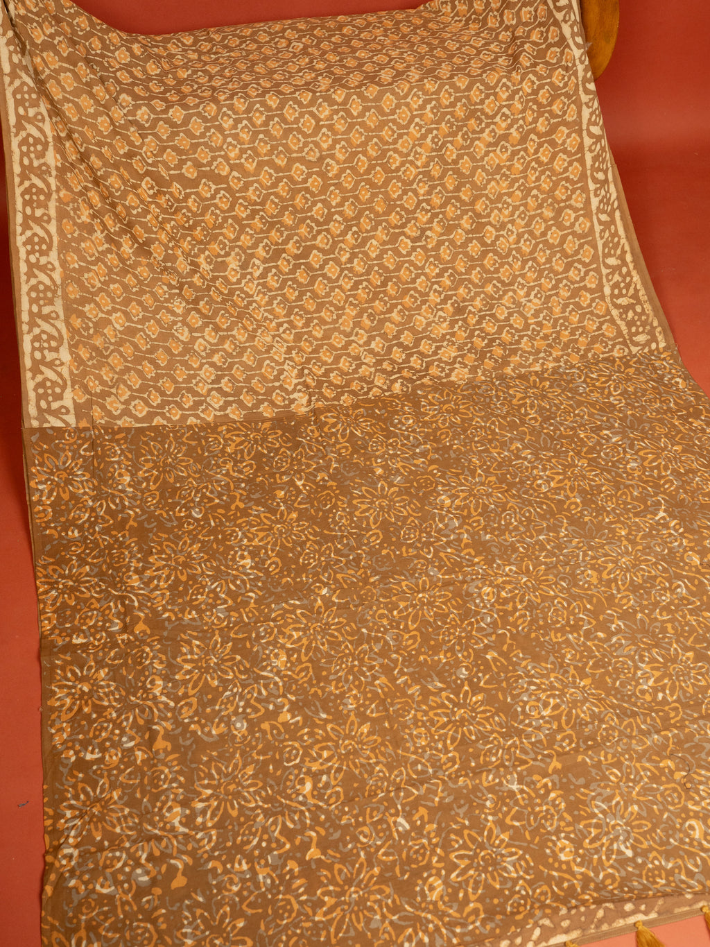 Beige Cotton Block Printed Saree