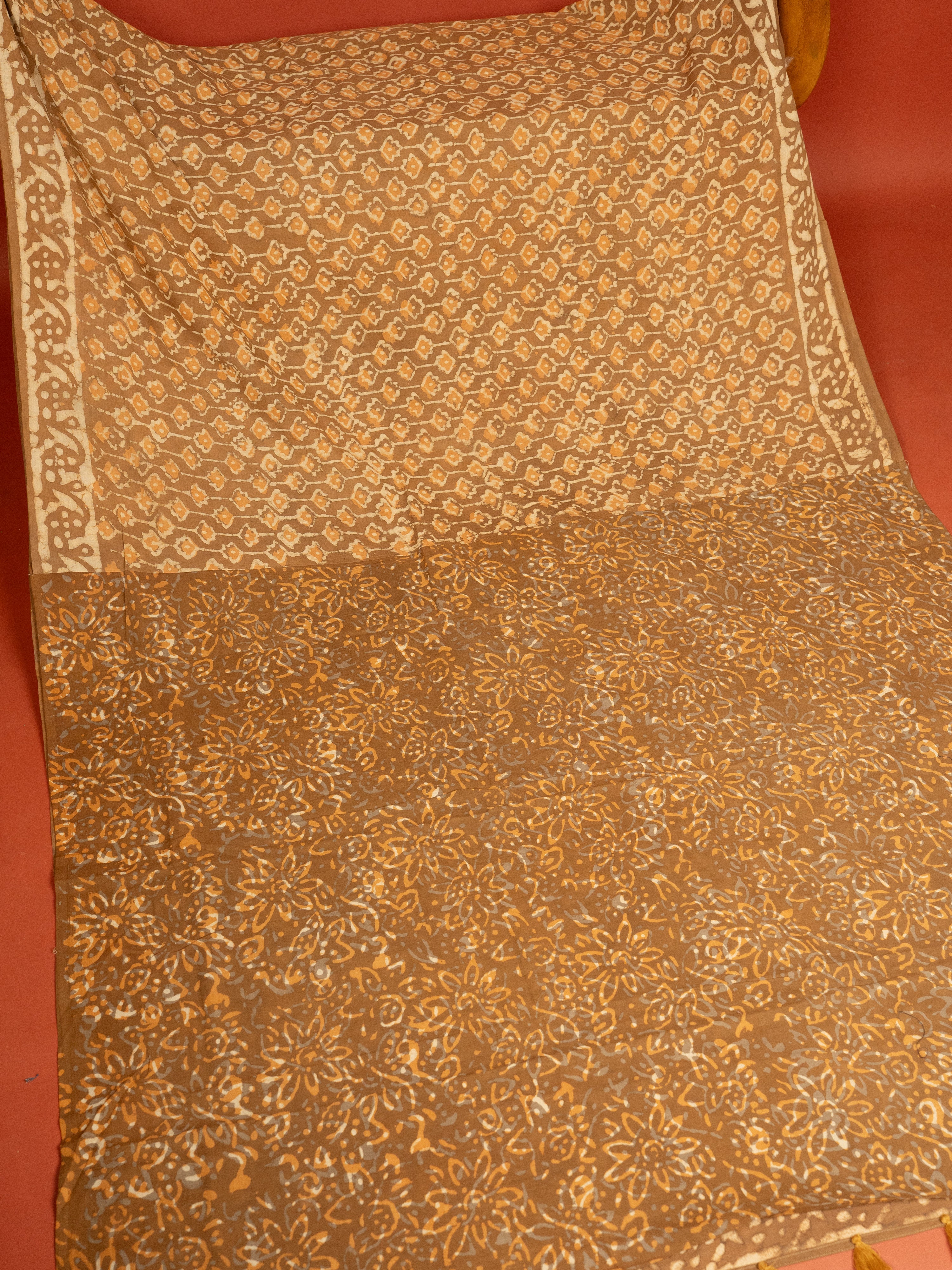 Beige Cotton Block Printed Saree