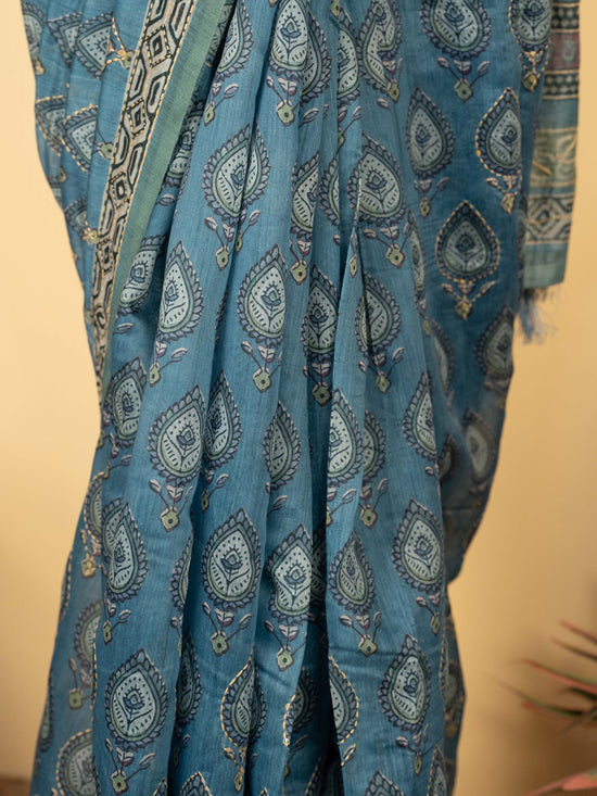 Blue Chanderi Block Print Hand Kantha Saree