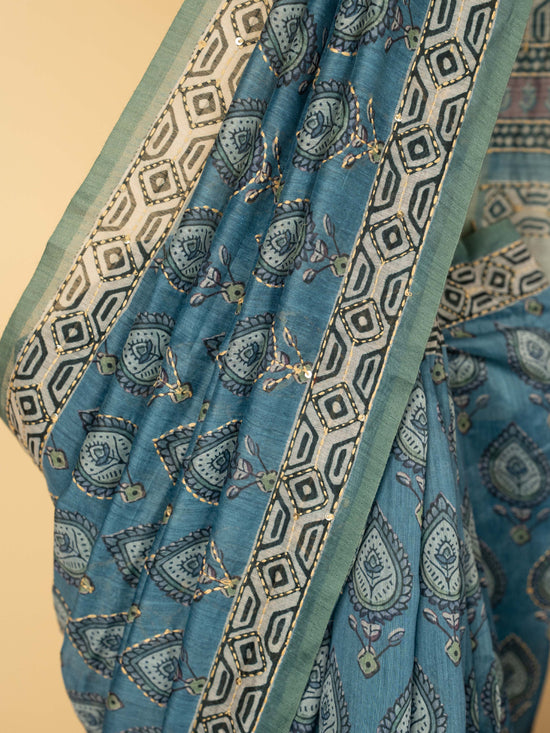 Blue Chanderi Block Print Hand Kantha Saree