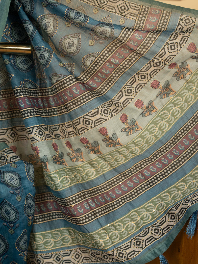 Blue Chanderi Block Print Hand Kantha Saree