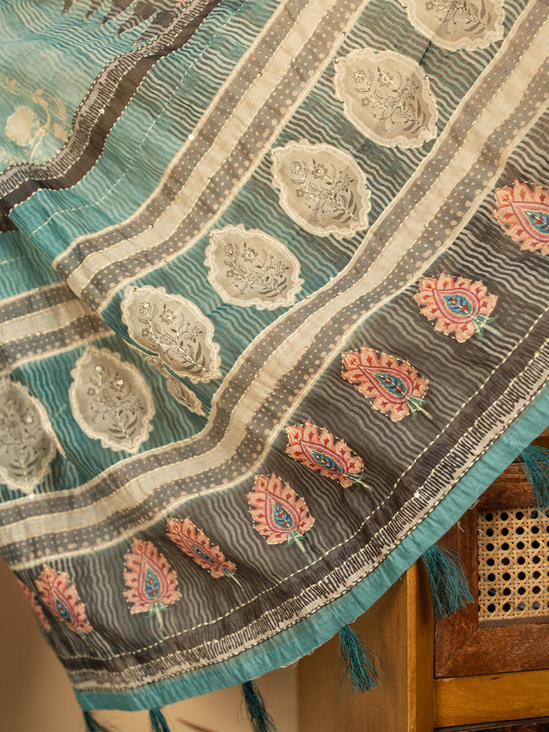 Sea Blue Chanderi Block Print Hand Kantha Saree