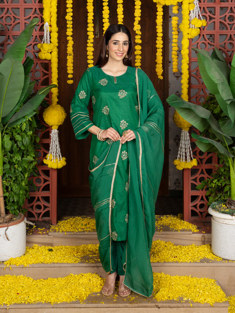 Green Chanderi Round Complete Suit Set For Women's