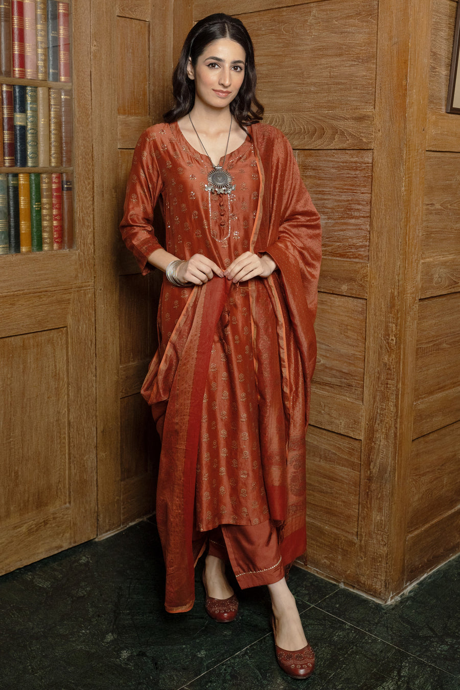 Rust Chanderi Complete Suit Set For Women's