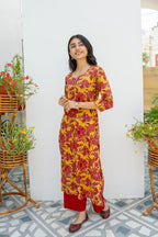 Mustard Cotton Floral Printed Kurta For Women's