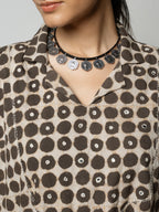 Dark Grey Cotton Shirt Collar Daabu Hand Print Kurta For Women's