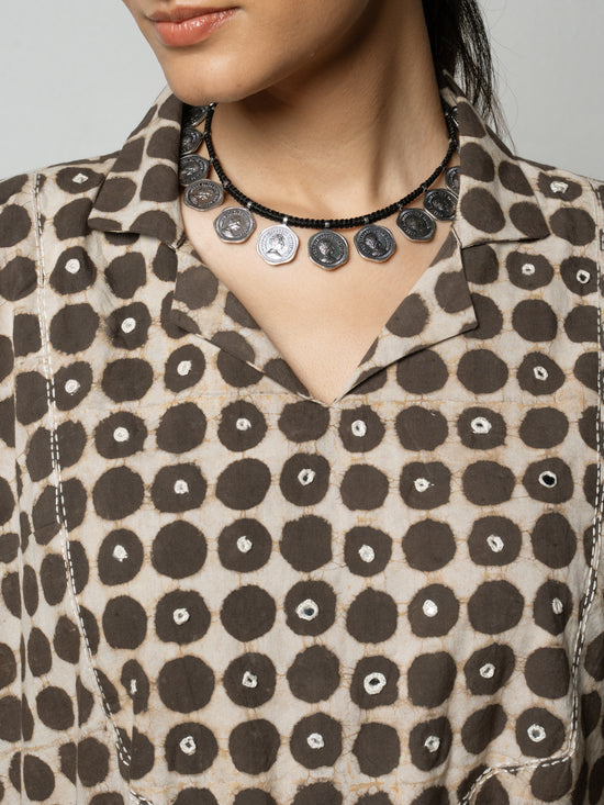 Dark Grey Cotton Shirt Collar Daabu Hand Print Kurta For Women's