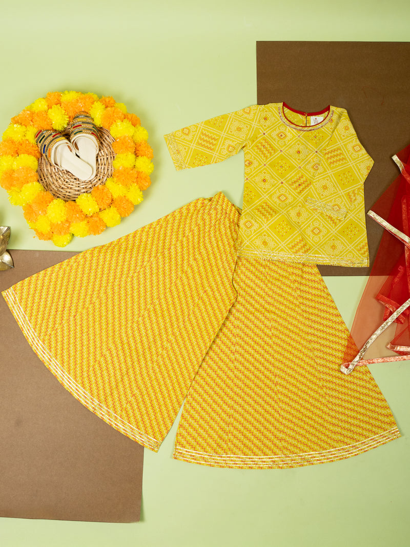 Yellow Cotton Printed 3 Pcs Sharara Set For Girls