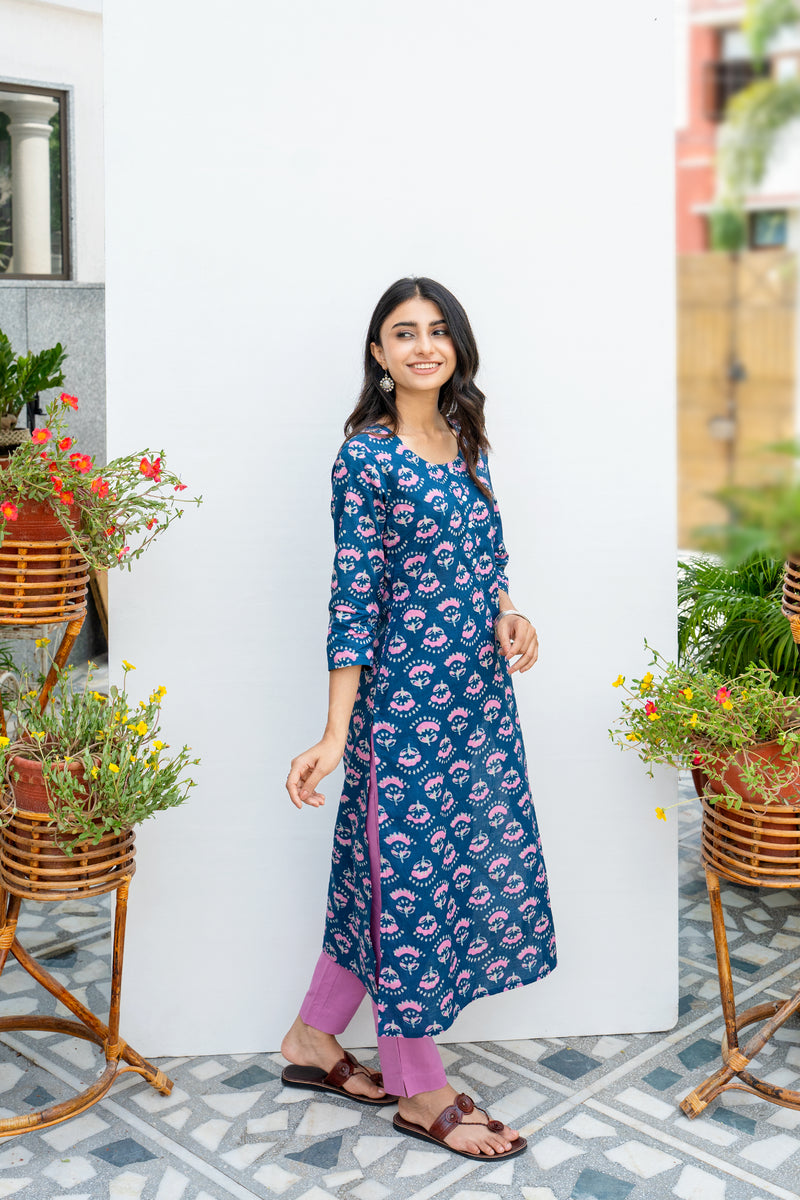 Blue Printed Cotton Kurta For Women's