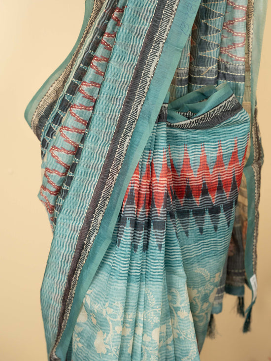 Sea Blue Chanderi Block Print Hand Kantha Saree